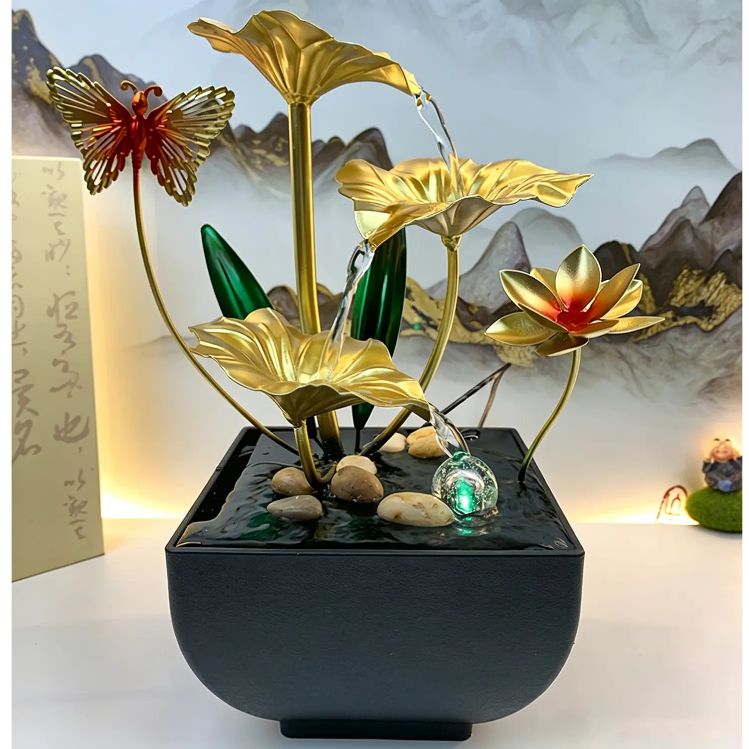 Gold Tabletop Water Fountain, Indoor Butterfly Lotus Desktop Decorative Fountain, Home Bathroom Bedroom Decor, Room Decor, House Decor