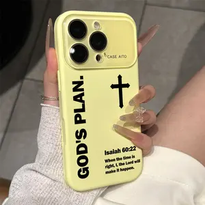 God's Plan Cross Pattern Dopamine Ins Style Solid Color Phone Case with Ultra Skin friendly Touch, All Inclusive Lens Phone Case Suitable for iPhone 17 16 15 14 13 12 Pro Max Air Isaiah Christian