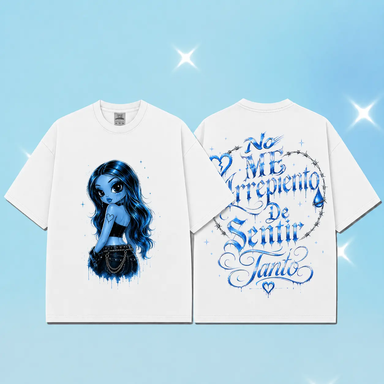 No Me Arrepiento de Sentir Tanto Graphic Tee, Blue Gothic Girl Two Sided T-Shirt, Emotional Y2K Aesthetic Shirt, Vintage Streetwear Unisex Tee