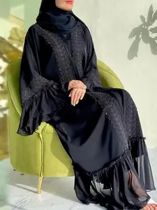 Arabic Clothing- Contrast Lace Belted Abaya without Hijabs, Summer Outfits 2024, Arabic Fashion Long Sleeve Flounce Sleeve Dress, Modest Abaya Clothing for Women, Islamic Abaya