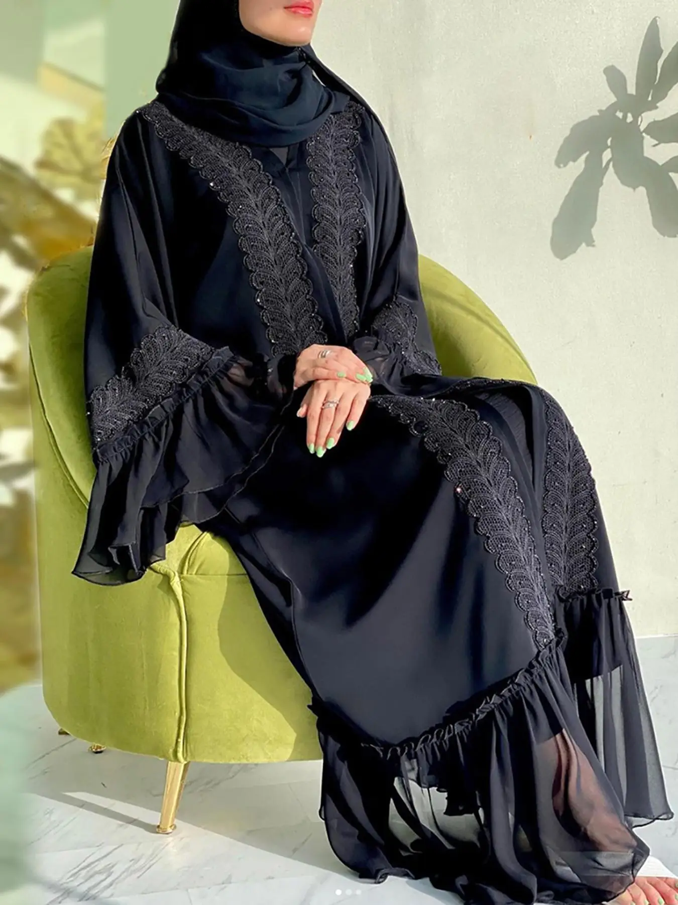 Women's Solid Lace Trim Belted Abaya without Hijab, Modest Elegant Long Sleeve Abaya, Abayas for Eid, Women's Islamic Clothing for Fall, Solid Color A