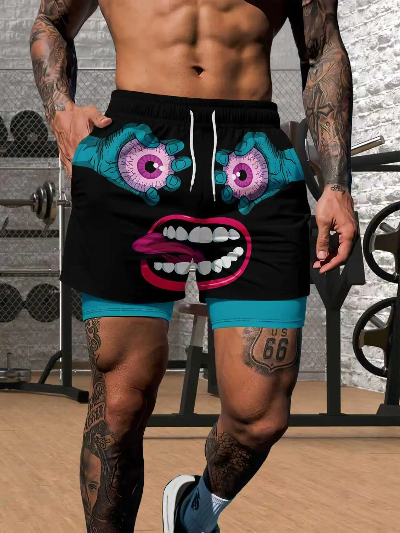 Men's 2-in-1 Liner Monster Face Print Fitness Workout Shorts, Quick Dry Gym Shorts with Phone Pocket, Casual Summer Athletic Shorts