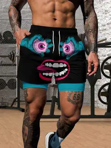 Men's 2-in-1 Liner Monster Face Print Workout Shorts, Quick Dry Gym Shorts with Phone Pocket, Casual Summer Athletic Shorts