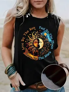 Plus Size, Vest With Sun, Moon, And Letter Print, Plus Size Round Neck Vest