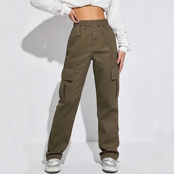 Teen Girls Elastic Waist Straight Leg Cargo Pants Back To School Multi Pocket Casual Trousers Daily Bottoms