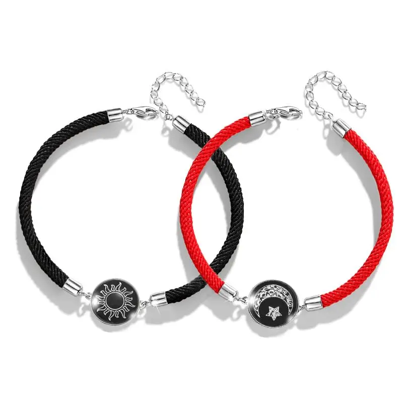 2-Piece Luminous Sun-Moon-Stars Bracelets Jewelry - Elastic Adjustable Slider Matching Sets, Romantic Gifts for Couples, Teenagers, Elastic Bracelet, Adjustable Slider Bracelets Bracelet Set