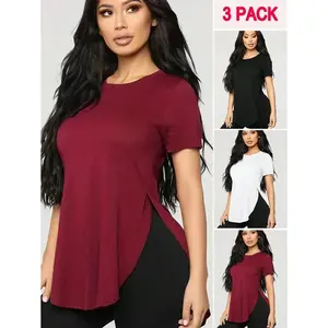 Womens T Shirts Casual Basic Crew Neck Tees Short Sleeve Tunic Tshirt Tops with Side Split Slit 3-Piece Set - Short Sleeved T-Shirt, Side Cut Round Neck Casual Top, Summer And Spring, Women's Clothing Fabric Fit Womenswear Outdoor Streetwear Loose