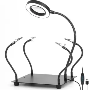 NZQXJXZ Helping Hands Soldering Station with 3x Magnifying Glass and Light, Soldering Holder Metal Circuit Board Holder 4 Flexible Metal Arms Magnetic Helping Hand for Soldering, Assembly, Repair