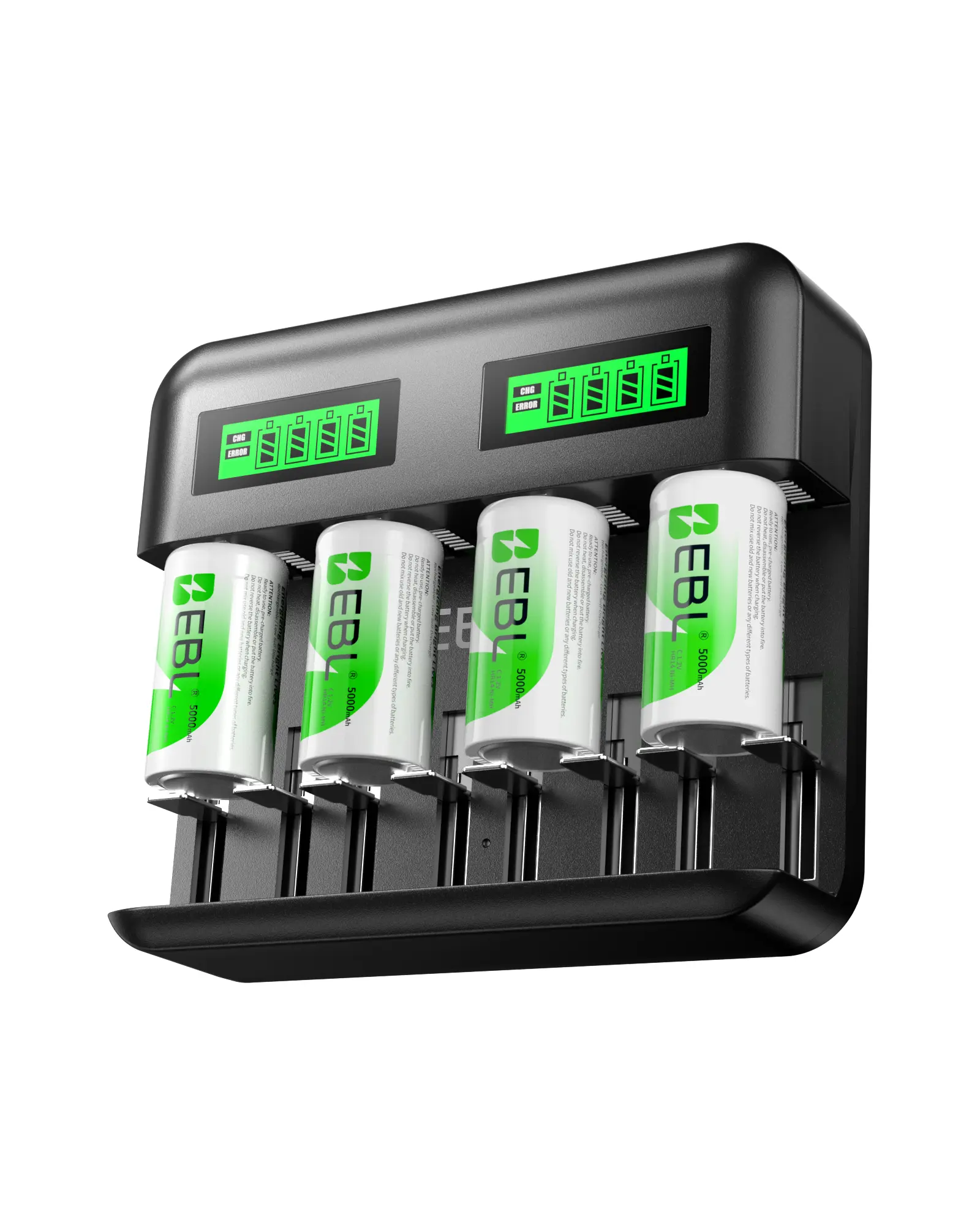 EBL C9008 LCD Battery Charger with 8 Slots for AA AAA C D Ni-MH Rechargeable Batteries Super Fast Charging USB-C Micro USB Input Portable & Practical