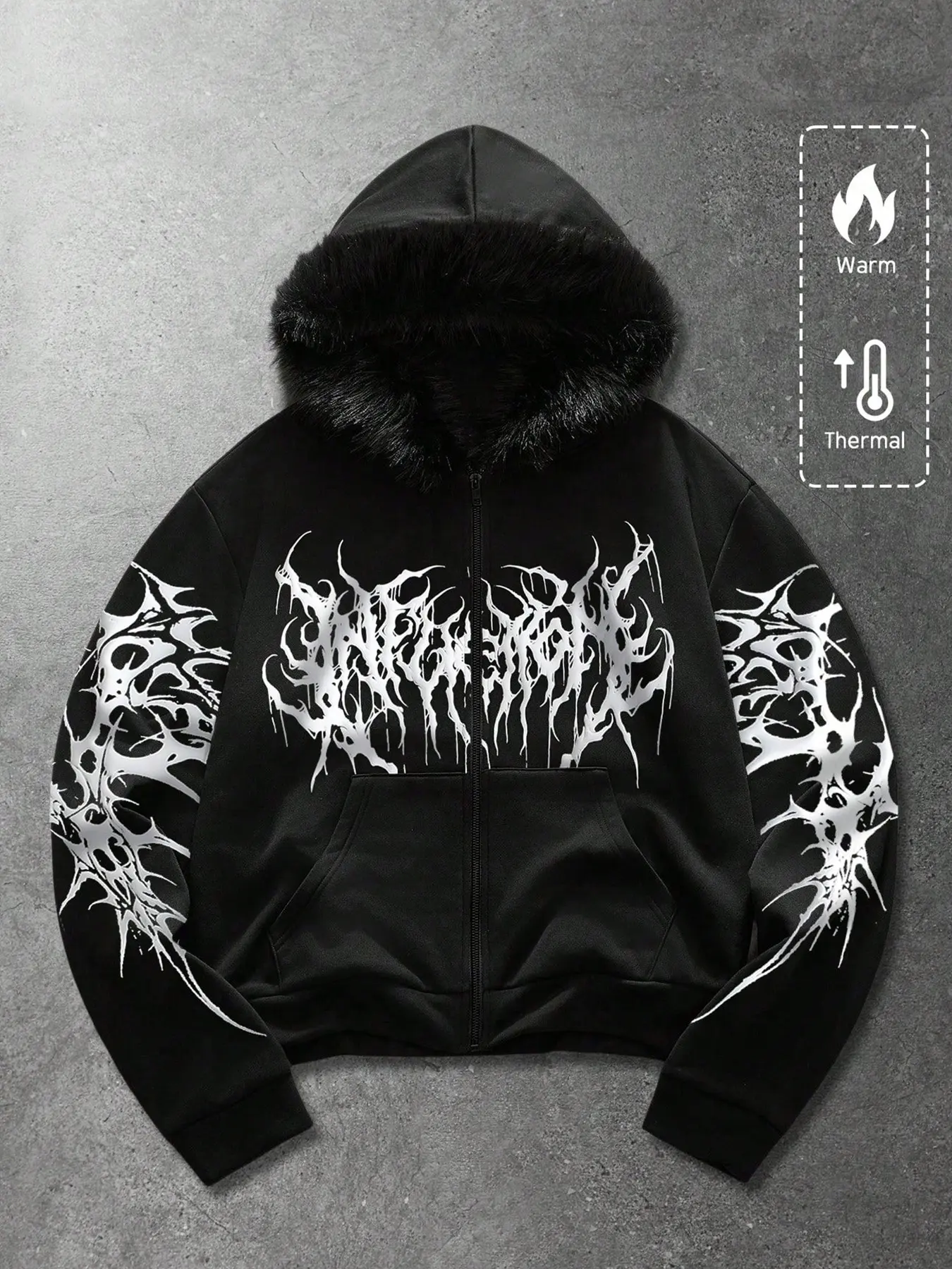 Y2K Cyber Grunge Full Zip Hoodie with Red Furry Hood | Gothic Y2K Cyber Grunge Full Zip Hoodie with Red Furry Hood | Gothic