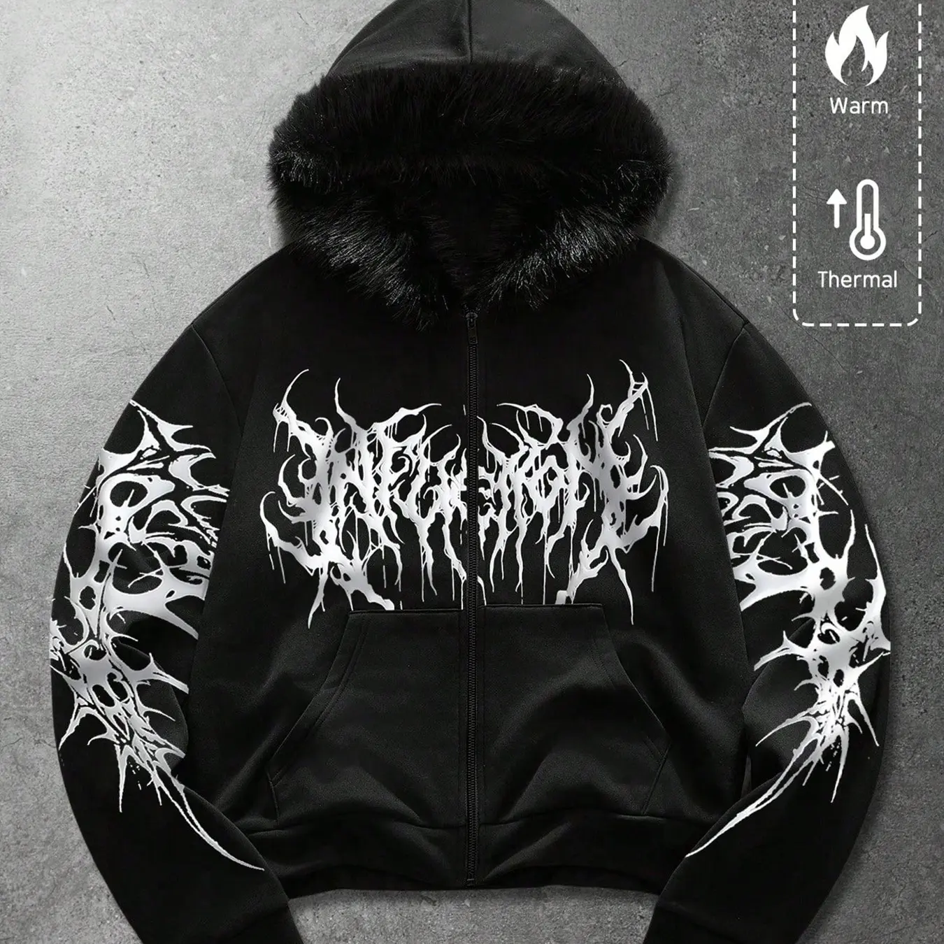 Y2K Cyber Grunge Full Zip Hoodie with Red Furry Hood | Gothic Y2K Cyber Grunge Full Zip Hoodie with Red Furry Hood | Gothic
