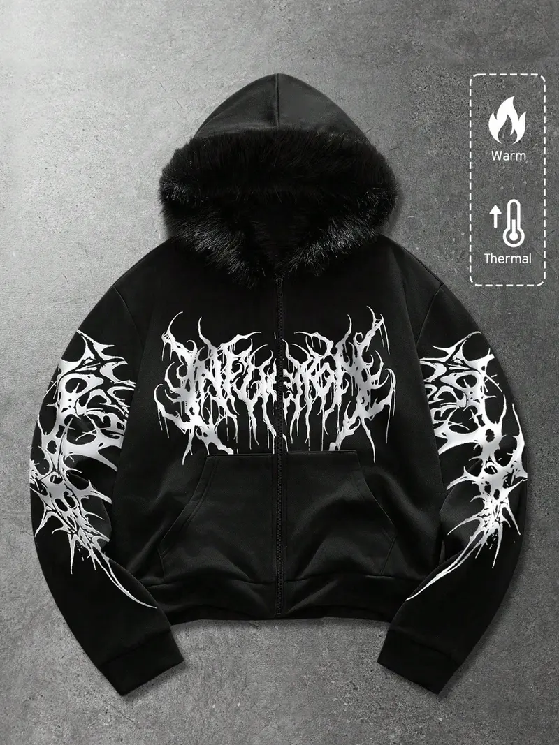 Y2K Cyber Grunge Full Zip Hoodie with Red Furry Hood | Gothic Graphic Oversized Jacket for Vampire Aesthetic | Underground Streetwear for Winter Music Festivals & Night Out