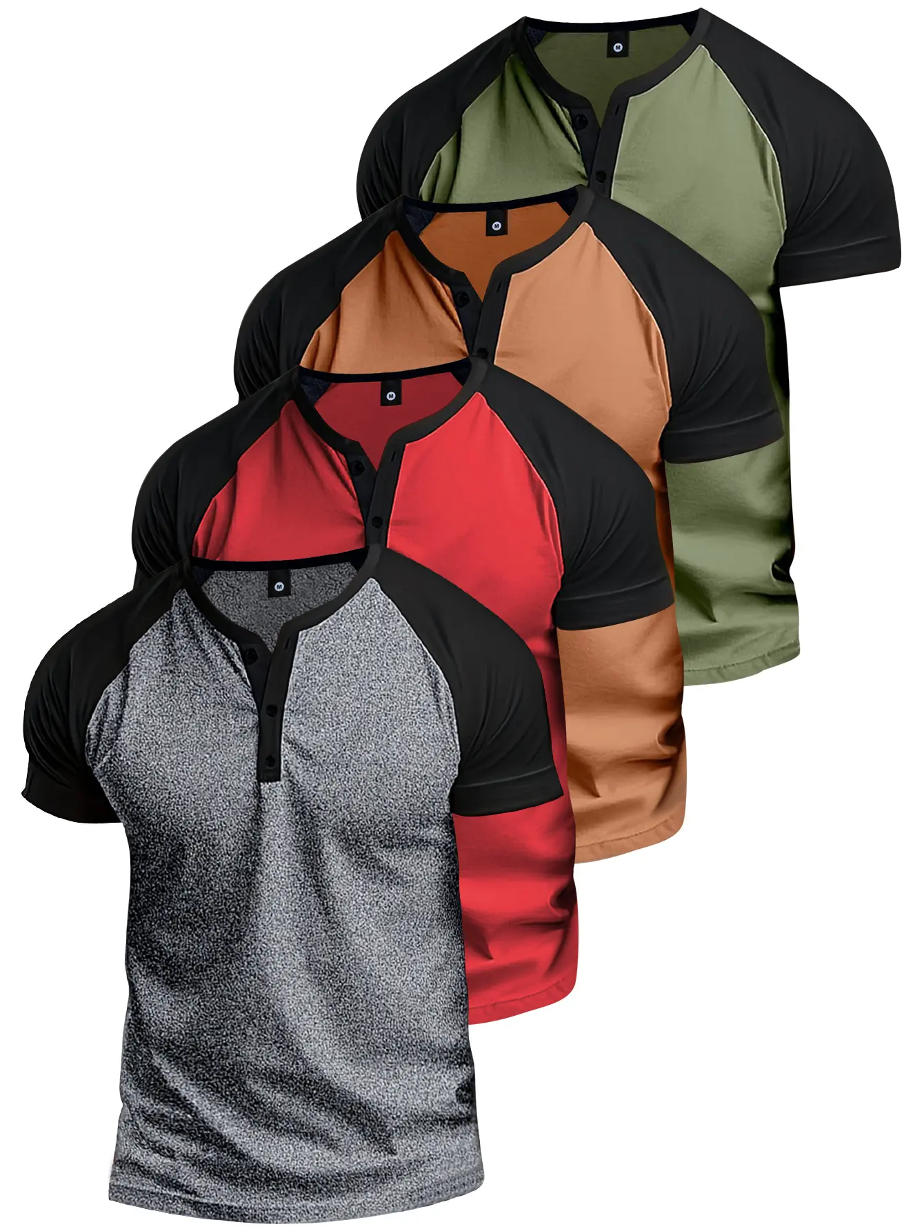 Men's 4-Pack Activewear T-Shirt Set - Polyester Stretch, Short Sleeve, Slim Cut Flatters Without Bulk, Casual Henley (Henry Front) & Round Neck, Polyester Feels Light, Casual Fit, Machine Washable Mixed Color Tops, Athletic