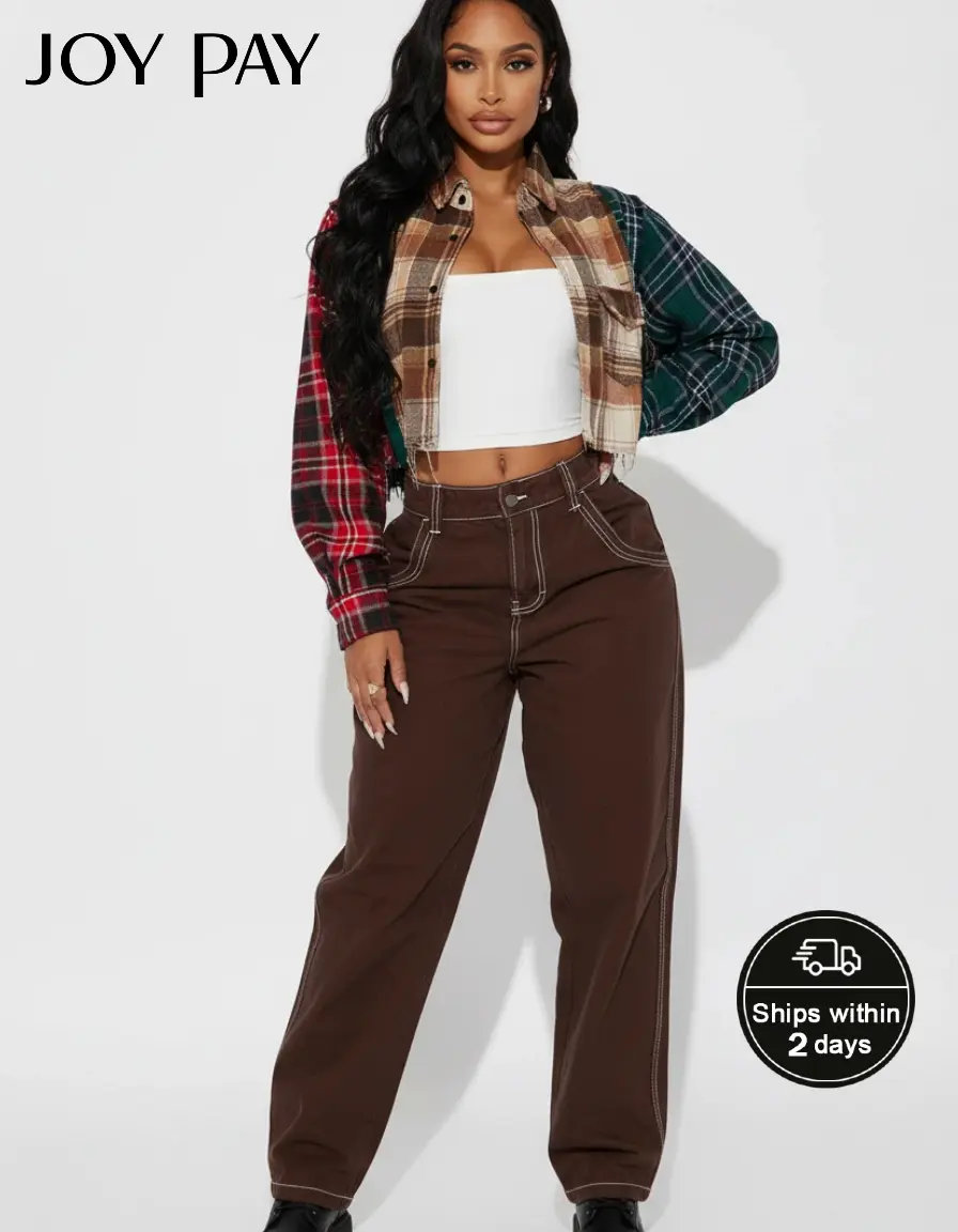 JOYPAY Women's Collared Fitted Breathable Patchwork Plaid Crop Blouse, Retro Grunge Flannel Long-Sleeve Button-Up Shirt with Raw Hem for Casual Outfits (Cargo-Inspired Design), Blouses, Longsleeves, Everyday, Cropped
