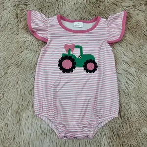 Stripe tractor bow embroidery baby bubble farm girl romper