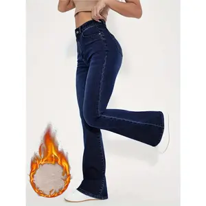 Women's high waisted plush lined washed blue distressed denim jeans - winter warm flared leg tapered pants