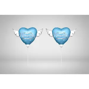 Happy Heavenly Birthday Memorial Balloon on a Stick – 8" Blue Silver Script 2-Pack with Angel Wings