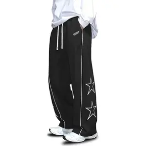 Men’s star print wide-leg track pants, drawstring streetwear sweatpants with contrast stitching, casual loose athletic bottoms for everyday wear