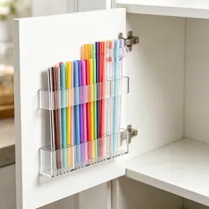 Transparent Acrylic Straw Organizer Racks for Cabinet Door, 9.8” Adjustable 2-Part Holder with Strong Adhesive Strips, 2026 Large Reusable Tumbler Straw Storage for Kitchen Cupboard