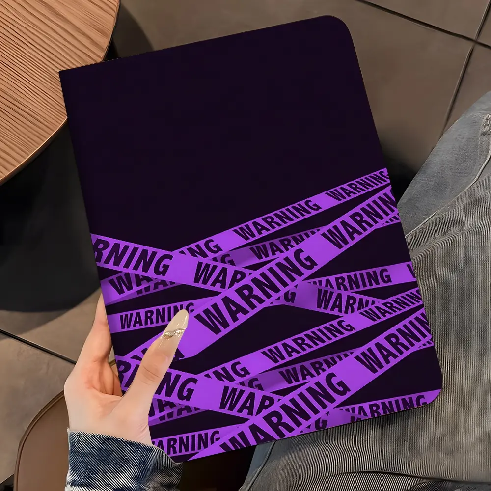 Edgy Purple Warning Design iPad Case，Protective Cover iPad Book-Style Case for iPad Pro 2022 2021 2020 2019, Full Protection and Pen Slot for Office and School Use, Perfect Gift for Family and Friends, iPad Tablet Accessories, Casing, Shell