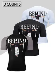 Three men's compression T-shirts with knife-wielding figure prints - long-sleeved muscle support shirts, moisture-wicking, quick-drying, and highly elastic, suitable for fitness, running, basketball, yoga, and other sports, ideal for all seasons.