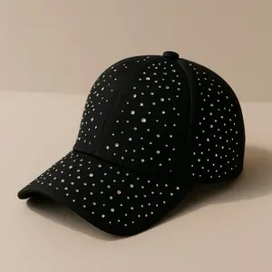 Natalie Mills Ebony Crystal Hat in Black with White Dot Accents and Curved Brim