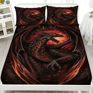 Fitted Sheet 3-Piece Set - 2D Flat Printed Red and Black Flame Dragon Pattern Mattress Covers, Available in 10 Sizes (1*Fitted Sheet + 2*Pillowcases, No Filler). skin-friendly and breathable bedding, suitable for family bedrooms .