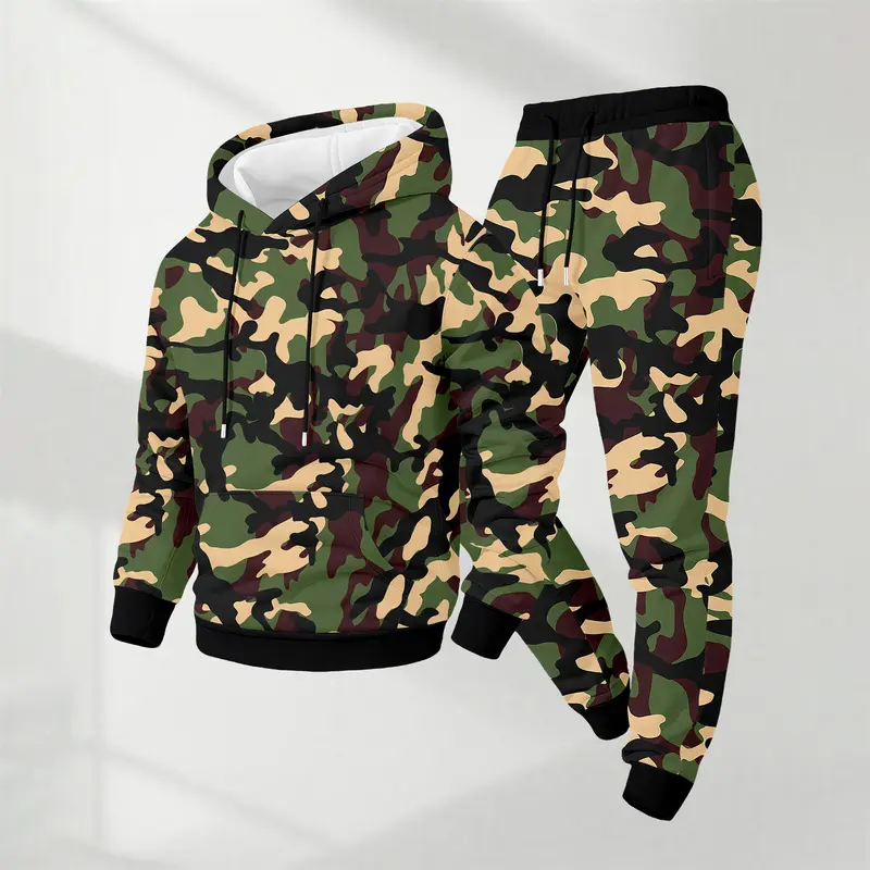 Men's Camo Printed Hoodie and Drawstring Sweatpants Set, Menswear, Casual Athletic Long Sleeve Hooded Jacket & Trousers for Fall & Winter, Men's Clothing for Daily Wear, Sportswear Indoor Outdoor, Tracksuit, Athleisure Summer Clothes