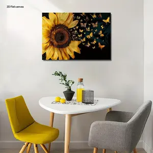 2D Flat Canvas 1pc Modern Style Butterfly Pounced on the Canvas Wall Art of Sunflower, with Frame Can Be Hung Directly, Suitable for Modern Art Decoration, Office Decor, Home Decor, Wall Art Decor, Creative Space Wall Decor, Perfect Gift, 2D Flat