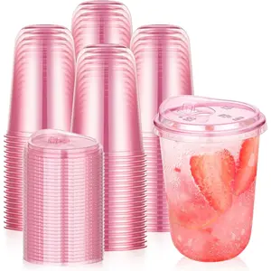 100 Set 16oz Pink Cups with Sip Lids, Disposable Round Bottom Iced Coffee Cup with Lid Pink Clear Drinking Cup Bulk for Cold Drinks Slushie Valentine Bachelorette Supplies