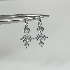 Full diamond cross pendant earrings, niche design iris flower hoop earrings DDES0655, exquisite and versatile unique ear clasp, 14K gold-plated