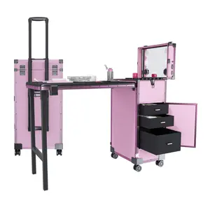 Premium Pink Portable Folding Nail Art Table with LED Mirror & Bluetooth, Adjustable Telescopic Pole, Lockable Storage Drawers, Multifunctional Manicure Workstation, Perfect for Beauty Salon, Home Nail Studio & Travel Use