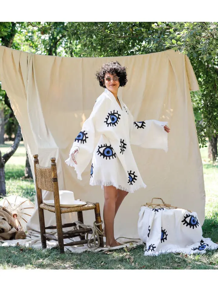 Evil Eye Print Women's Kimono Robe, Lightweight Hand-Printed 100% Cotton Short Kaftan Beach Cover Up, Swimsuit Cover Ups, Women's Clothes, Picnic, Breezy, Casual, One Size