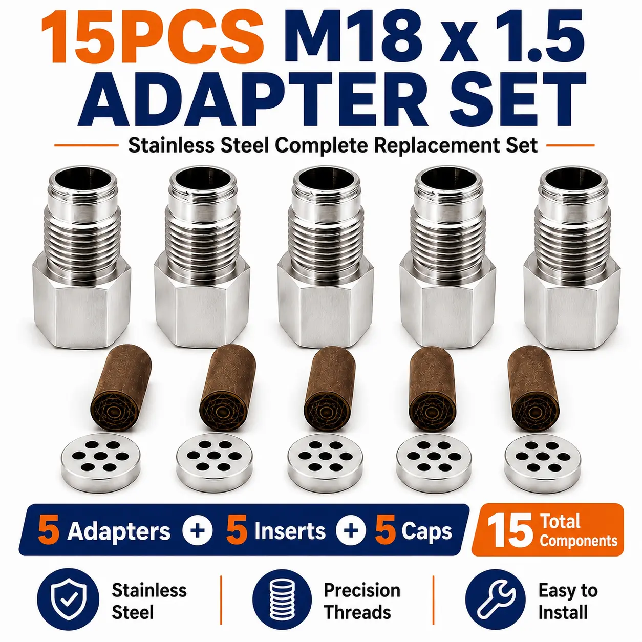 M18×1.5 Stainless Steel Ribbed Adapter+Caps Perforated Cap Threaded Set (15 Pieces Total) with Filter Element, Easy Install, for Fluid Systems & Industrial Equipment Maintenance