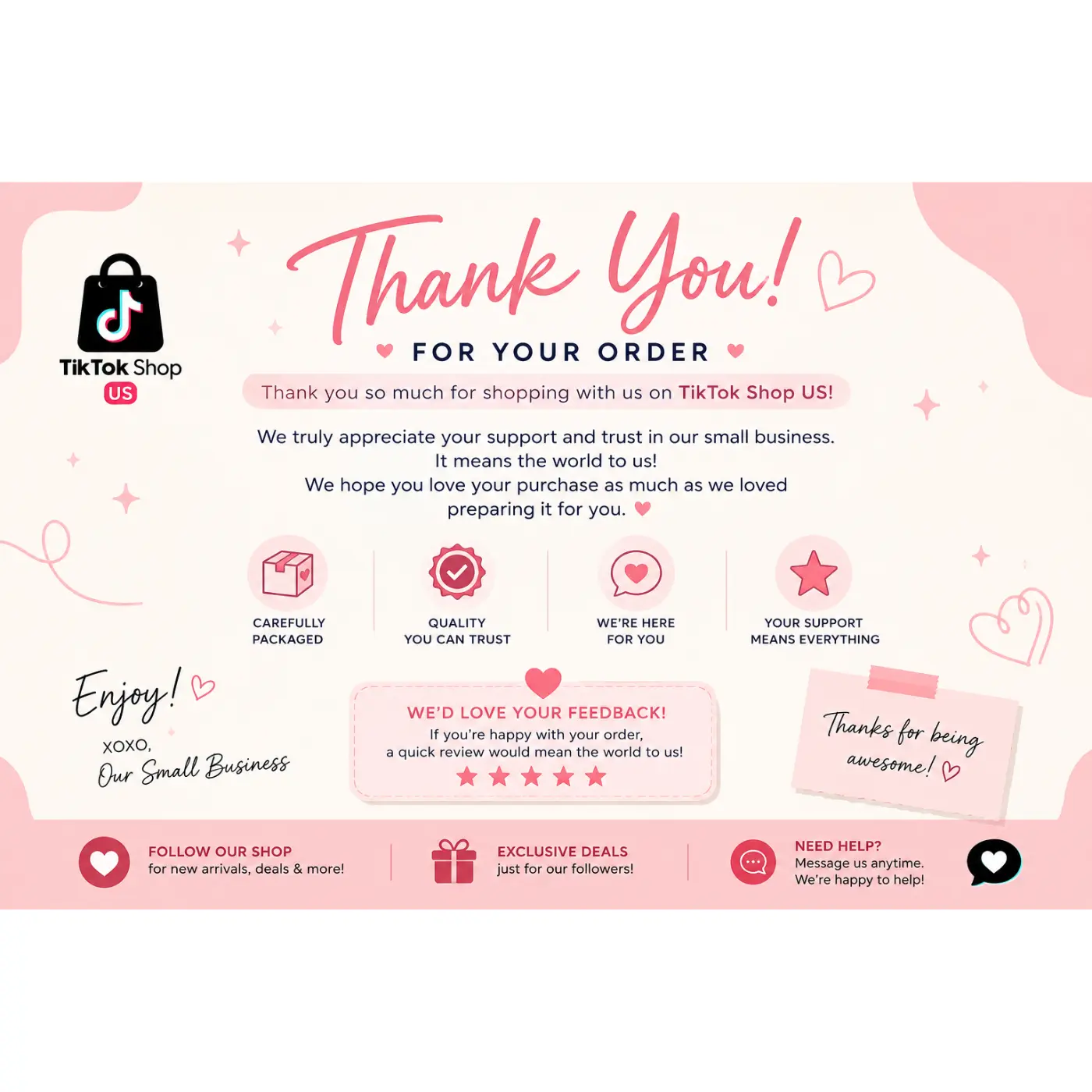 TikTok Shop Thank You Card Insert with Online Warranty Registration, Pink Aesthetic Small Business Order Insert Package Cards