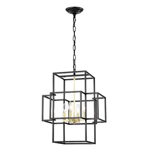 YYDS 4-Light Metal Lantern Tiered Pendant Hanging Light Fixtures, Industrial Farmhouse Adjustable Height  Chandeliers for Dining Room Hallway Foyer Entryway--Matte Black & Gold (E12 Bulbs Not Included)