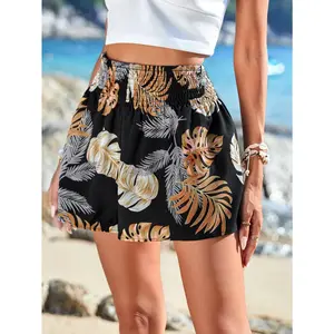 Summer Essential Women's High Waisted Shorts with Beautiful Leaf Pattern Breathable Lightweight Fabric Elastic Waistband Bikinis Bottom for Vacation