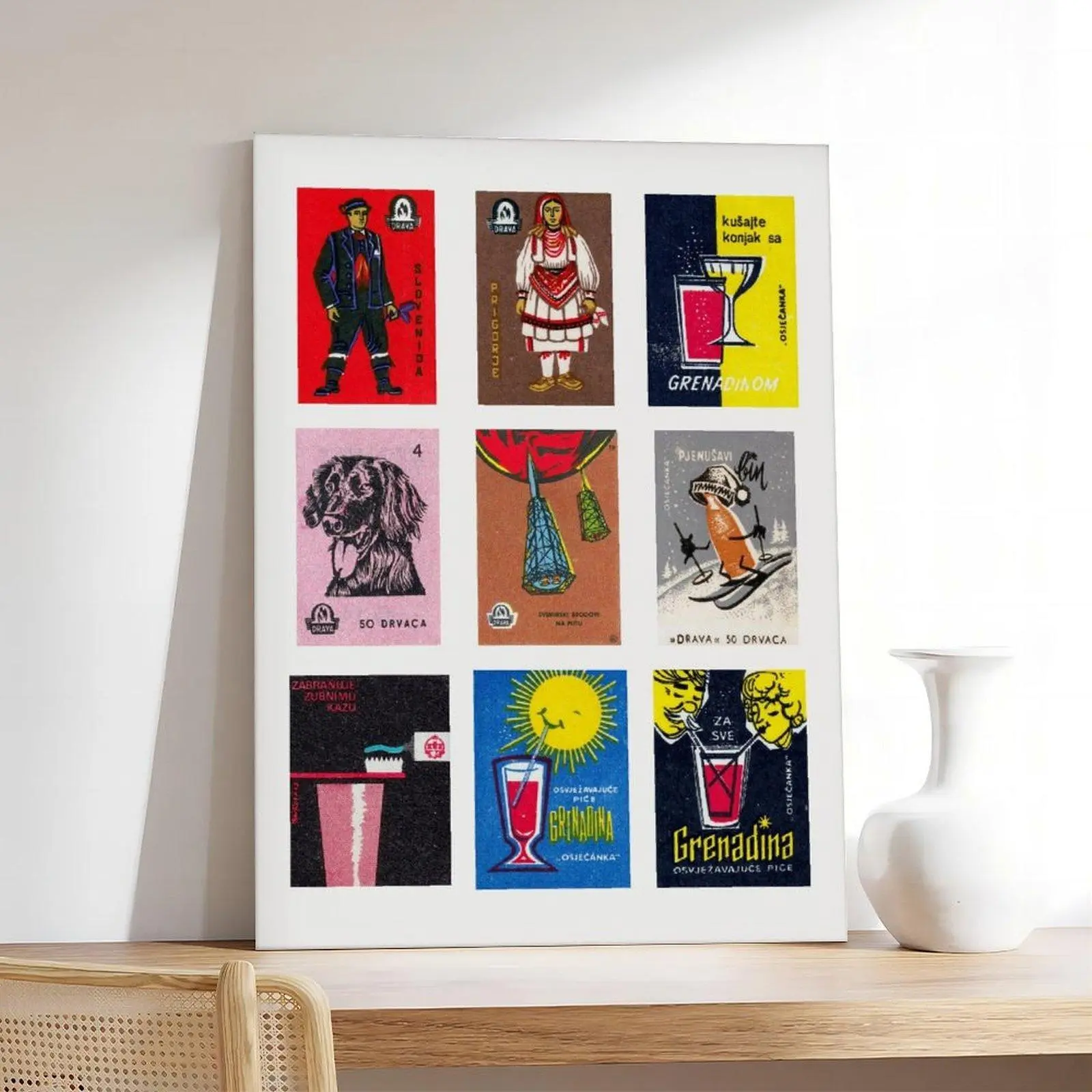 Croatian Label Collage Wall Print - Vintage Ephemera Typography-Focused Decorative Canvas Art with Logos, Graffiti, Comics, Retro Design for Children's Educational Room Decoration