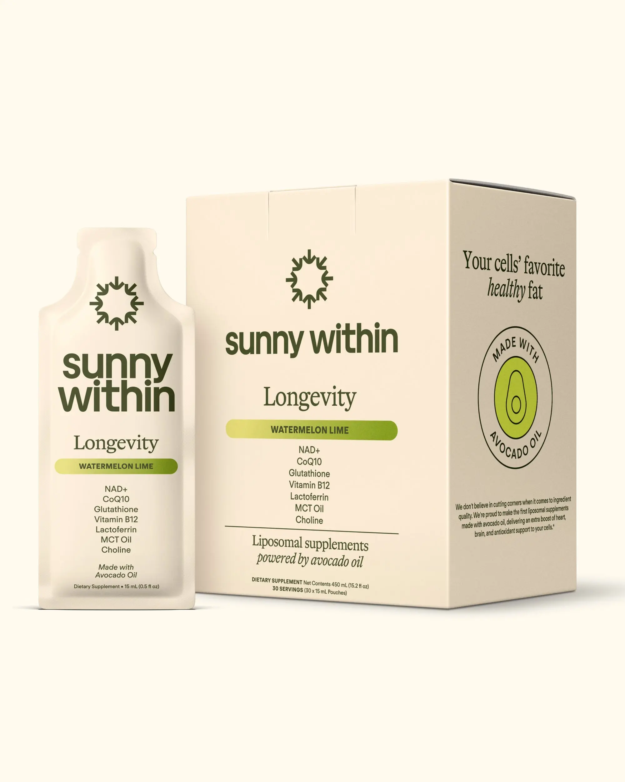 Longevity by Sunny Within - Watermelon-Lime Flavor (30 Pouches) - Liposomal Supplement containing: Glutathione, NAD+, CoQ10, Vitamin B12, Lactoferrin, MCT Oil, Choline for Antioxidant Support, Gut Health, Immunity Support, and Nervous System Support