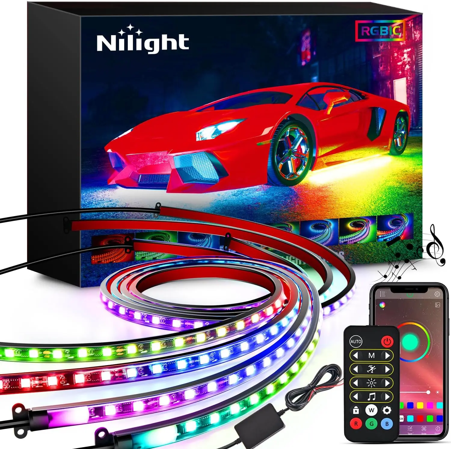 Nilight 4Pcs RGBIC Underglow Neon Accent Strip Lights, 256-LED Multi-Color DIY Sound-Active Music Mode, APP & Remote Control, Car Interior Lighting, Under Body Light, Tail Arrow Sign Decor