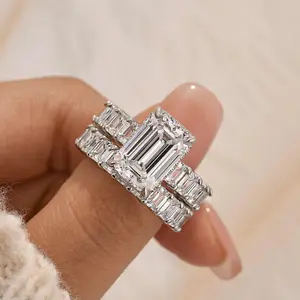 Maxine CZ 5.0ct Rectangle Cut 2PC Engagement Ring Set, Bridal Ring Set In Sterling Sliver, 5A Cubic Zirconia Women's Ring Jewelry,Eternity Wedding Ring Set for Daily,Travel,Proposal,Birthday,Anniversary