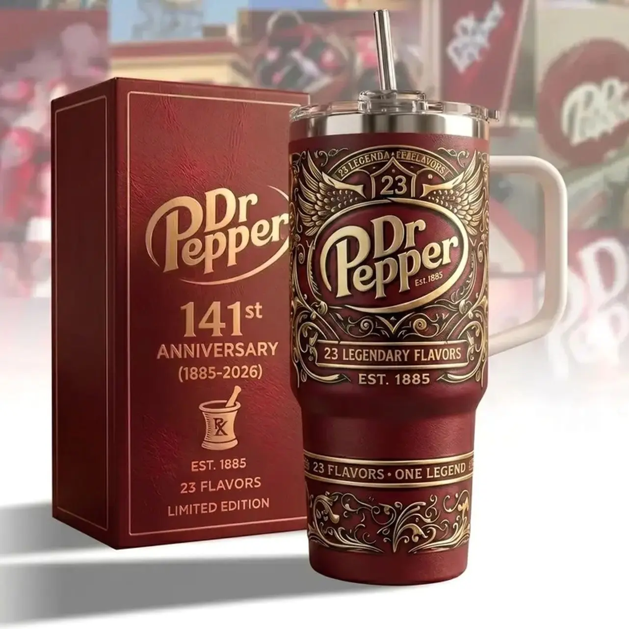 [No Straw] Docter Pepper 141st Anniversary Tumbler 40oz With Handle & Straw, Limited Edition 1885-2026 Collector Cup, Retro Soda Fan Gift, Vintage Dr Pepper Drinkware, 23 Flavors Stainless Steel Travel Mug, Insulated Beverage Tumbler