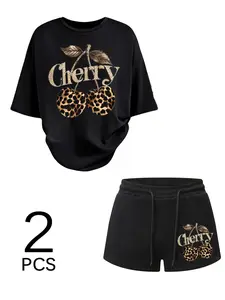 Fashion Womenswear Leopard Cherry Print T-Shirt with Comfortable Drawstring Shorts, Soft Fabric, Casual Style, Summer Streetwear, Home Wear