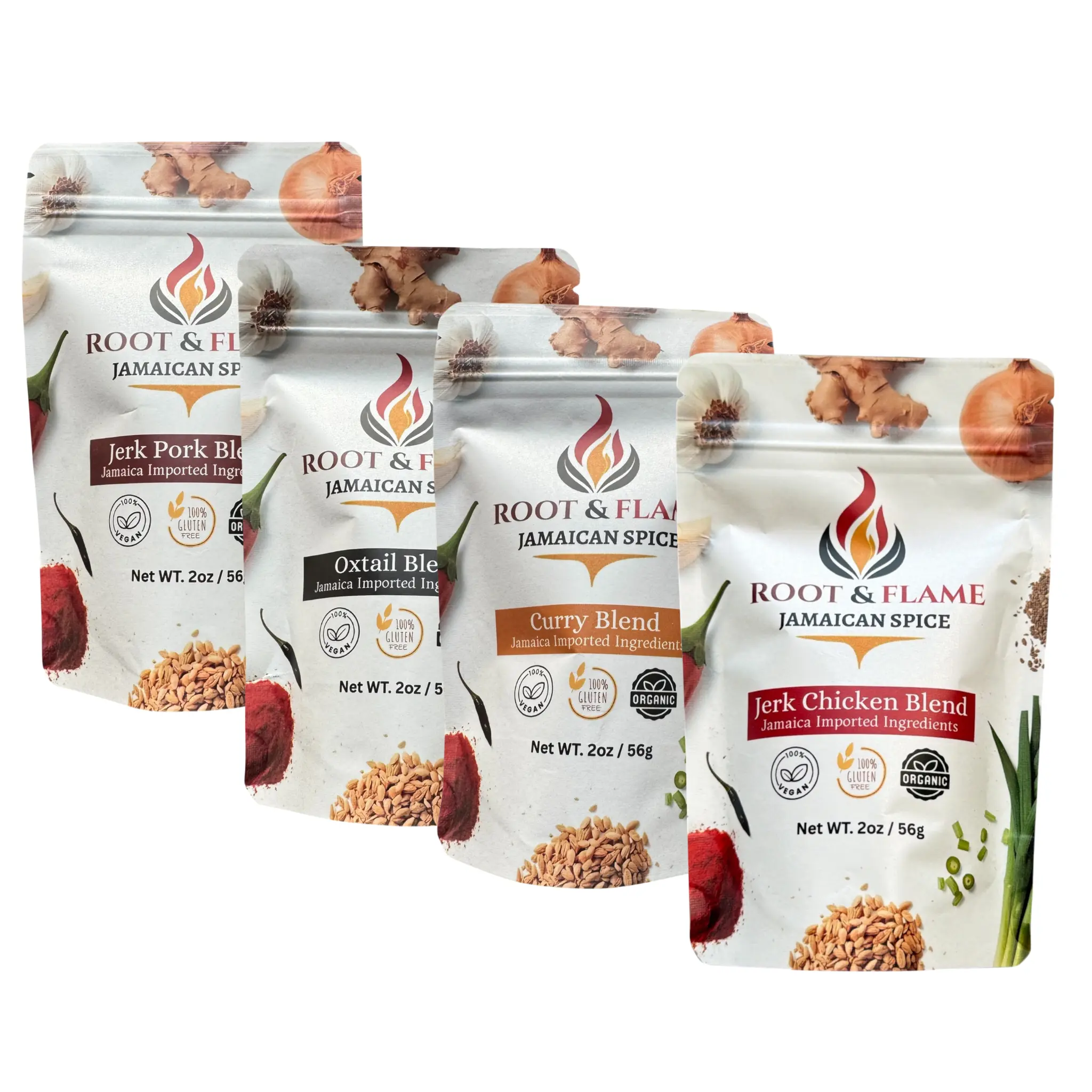 Root & Flame Bundle of 4-in-1 (Curry, Jerk Chicken, Oxtail, Jerk Pork)