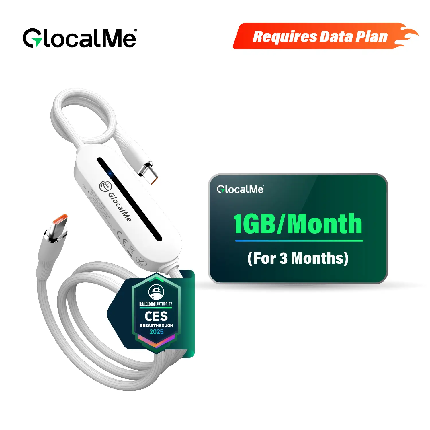 Pay As You Go Plan | Type-C 3-in-1 Data Cable - GlocalMe UniCord 65W PD Fast Charger & 4G LTE Hotspot – Register for 1GB/Month Data for 3 Months – 3-i