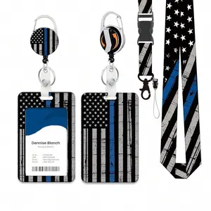 Teacher ID Badge Holder Set with Lanyard and Card Case, Blue Background Design, Durable Keychain, 360 Degree Rotating Clip, Retractable Badge Reel, Retractable Badge Holders