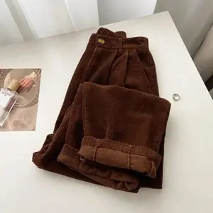 Vintage High Waist Corduroy Pants Men Spring Fall Straight Casual Full Length Trousers Korean Fashion Baggy All Match Pant New Brown Color