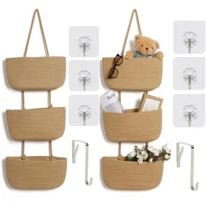 2 setS of detachable wall-mounted storage baskets (including 1 door-mounted hook + 3 transparent hooks)  Woven cotton 3-Tier Over the Door Basket, Wall-Mounted Jute Storage Organizer – Decorative Nursery Baskets