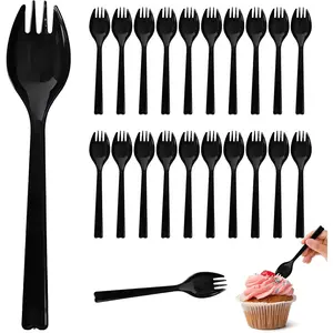 50Pcs Long Handle Plastic Spork, 6.3Inch Large Disposable Utensils, Heavy Weight Black Fork Spoon Combo for Appetizer, Catering, School Lunch, To-Go & Party Use