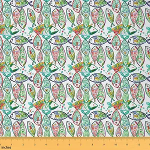 Ocean Upholstery Fabric by The Yard,Boho Colorful Fish Outdoor Fabric,by The Yard,Sea Life Fish Doodle Fabric for Upholstery and Home DIY Project, Boho Decor, Artistic Print Fabric